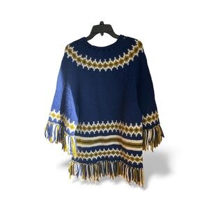 Vintage Knit Poncho Blue Yellow and Cream with Fringe Western Style Size M/L